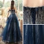 Chic / Belle Bleu Marine Robe De Soirée 2020 Princesse De l'épaule Manches Courtes Paillettes Longue Volants Dos Nu Robe De Ceremonie