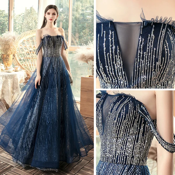 Chic / Belle Bleu Marine Robe De Soirée 2020 Princesse De l'épaule Manches Courtes Paillettes Longue Volants Dos Nu Robe De Ceremonie