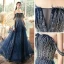 Chic / Belle Bleu Marine Robe De Soirée 2020 Princesse De l'épaule Manches Courtes Paillettes Longue Volants Dos Nu Robe De Ceremonie
