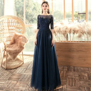 Chic Beautiful Navy Blue See Through Evening Dresses 2020 A Line Princess Square Neckline 1 2 Sleeves Appliques Lace Sequins Beading Floor Length Long Ruffle Backless