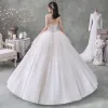 Best Ivory Outdoor / Garden Wedding Dresses 2020 Ball Gown Spaghetti Straps Sleeveless Backless Appliques Flower Beading Glitter Tulle Floor-Length / Long Ruffle