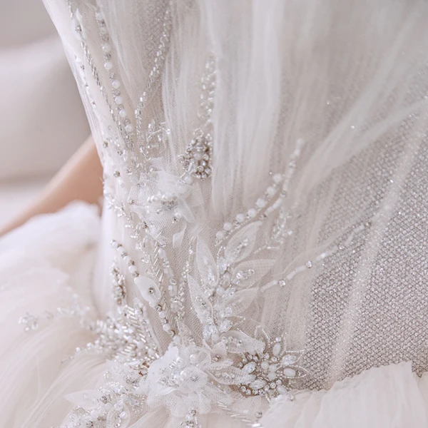 Best Ivory Outdoor / Garden Wedding Dresses 2020 Ball Gown Spaghetti Straps Sleeveless Backless Appliques Flower Beading Glitter Tulle Floor-Length / Long Ruffle