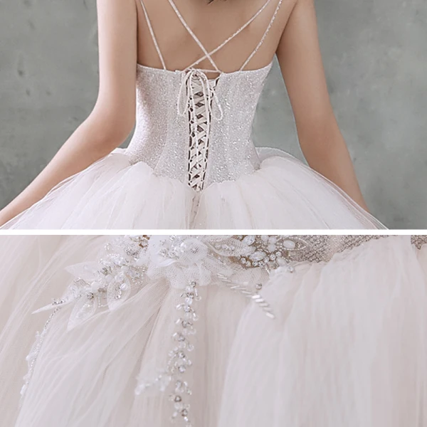 Best Ivory Outdoor / Garden Wedding Dresses 2020 Ball Gown Spaghetti Straps Sleeveless Backless Appliques Flower Beading Glitter Tulle Floor-Length / Long Ruffle