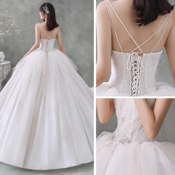Best Ivory Outdoor / Garden Wedding Dresses 2020 Ball Gown Spaghetti Straps Sleeveless Backless Appliques Flower Beading Glitter Tulle Floor-Length / Long Ruffle