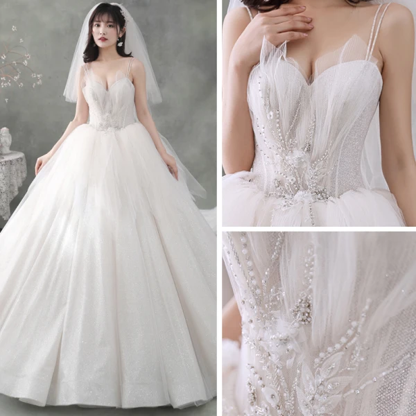 Best Ivory Outdoor / Garden Wedding Dresses 2020 Ball Gown Spaghetti Straps Sleeveless Backless Appliques Flower Beading Glitter Tulle Floor-Length / Long Ruffle