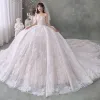 Best Champagne Wedding Dresses 2020 Ball Gown Sweetheart Sleeveless Backless Flower Appliques Lace Cathedral Train Ruffle