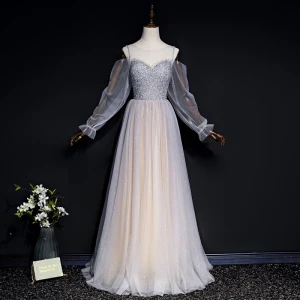 Élégant Gris Champagne Transparentes Robe De Soirée 2020 Princesse Encolure Dégagée Gonflée Manches Longues Paillettes Perlage Glitter Tulle Longue Volants Dos Nu Robe De Ceremonie