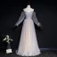 Élégant Gris Champagne Transparentes Robe De Soirée 2020 Princesse Encolure Dégagée Gonflée Manches Longues Paillettes Perlage Glitter Tulle Longue Volants Dos Nu Robe De Ceremonie