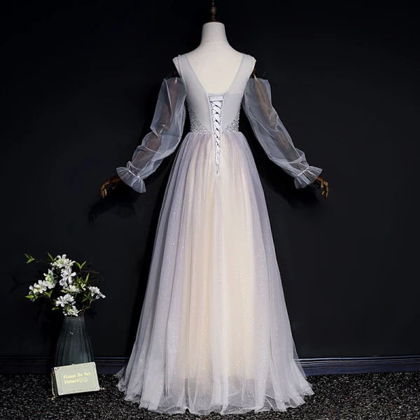 Élégant Gris Champagne Transparentes Robe De Soirée 2020 Princesse Encolure Dégagée Gonflée Manches Longues Paillettes Perlage Glitter Tulle Longue Volants Dos Nu Robe De Ceremonie