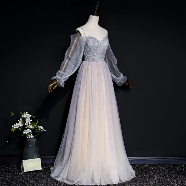 Élégant Gris Champagne Transparentes Robe De Soirée 2020 Princesse Encolure Dégagée Gonflée Manches Longues Paillettes Perlage Glitter Tulle Longue Volants Dos Nu Robe De Ceremonie