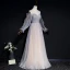 Élégant Gris Champagne Transparentes Robe De Soirée 2020 Princesse Encolure Dégagée Gonflée Manches Longues Paillettes Perlage Glitter Tulle Longue Volants Dos Nu Robe De Ceremonie