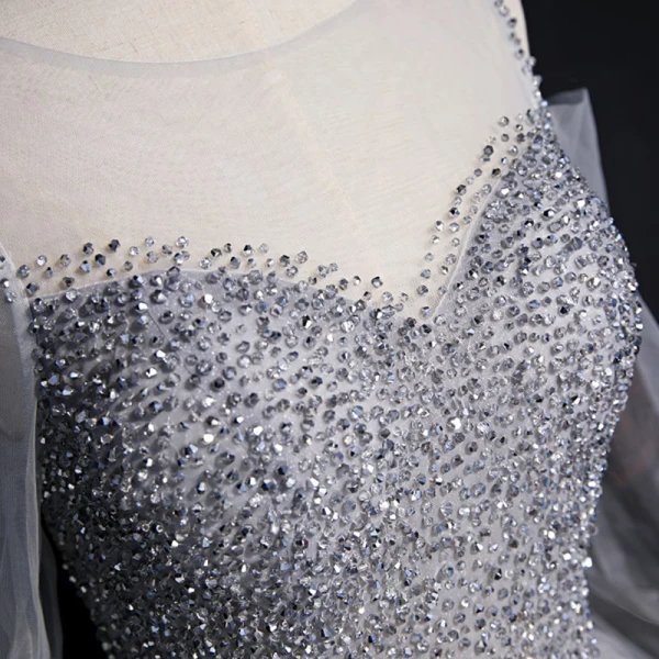 Élégant Gris Champagne Transparentes Robe De Soirée 2020 Princesse Encolure Dégagée Gonflée Manches Longues Paillettes Perlage Glitter Tulle Longue Volants Dos Nu Robe De Ceremonie