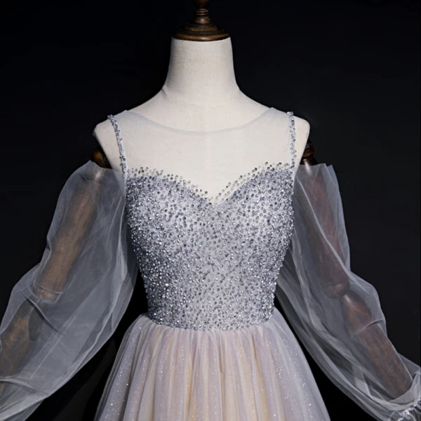 Élégant Gris Champagne Transparentes Robe De Soirée 2020 Princesse Encolure Dégagée Gonflée Manches Longues Paillettes Perlage Glitter Tulle Longue Volants Dos Nu Robe De Ceremonie