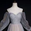 Élégant Gris Champagne Transparentes Robe De Soirée 2020 Princesse Encolure Dégagée Gonflée Manches Longues Paillettes Perlage Glitter Tulle Longue Volants Dos Nu Robe De Ceremonie