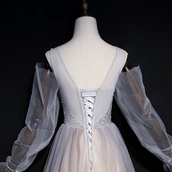 Élégant Gris Champagne Transparentes Robe De Soirée 2020 Princesse Encolure Dégagée Gonflée Manches Longues Paillettes Perlage Glitter Tulle Longue Volants Dos Nu Robe De Ceremonie