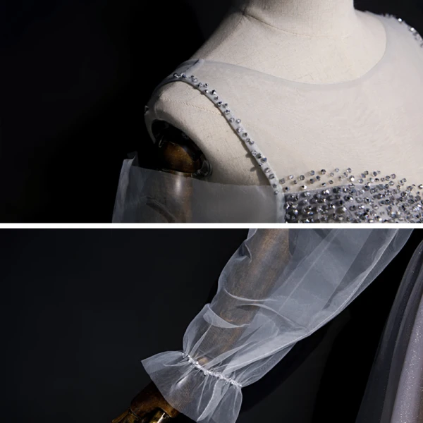 Élégant Gris Champagne Transparentes Robe De Soirée 2020 Princesse Encolure Dégagée Gonflée Manches Longues Paillettes Perlage Glitter Tulle Longue Volants Dos Nu Robe De Ceremonie