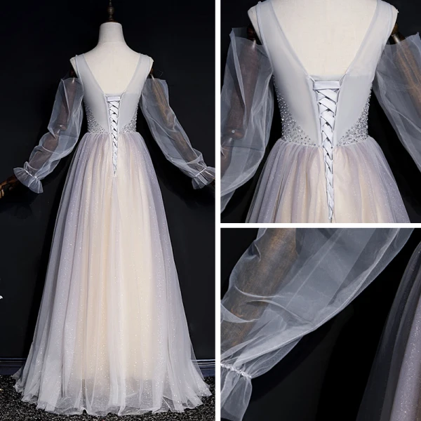 Élégant Gris Champagne Transparentes Robe De Soirée 2020 Princesse Encolure Dégagée Gonflée Manches Longues Paillettes Perlage Glitter Tulle Longue Volants Dos Nu Robe De Ceremonie