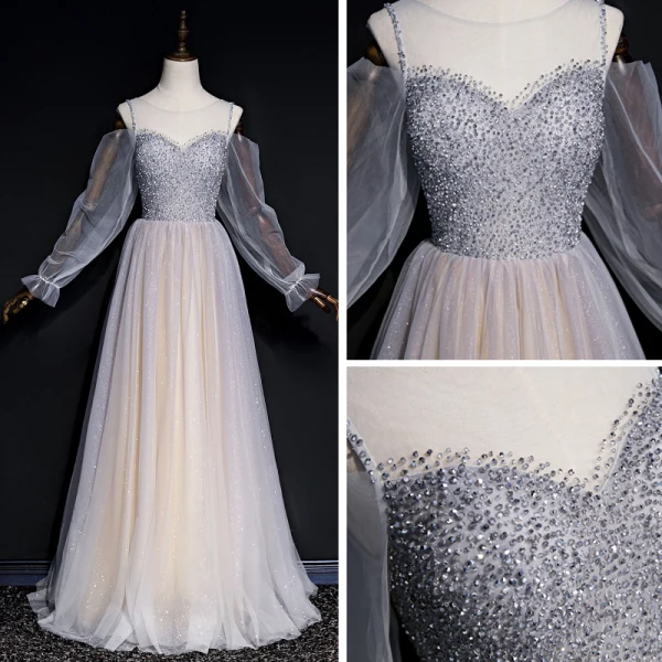 Élégant Gris Champagne Transparentes Robe De Soirée 2020 Princesse Encolure Dégagée Gonflée Manches Longues Paillettes Perlage Glitter Tulle Longue Volants Dos Nu Robe De Ceremonie