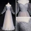 Élégant Gris Champagne Transparentes Robe De Soirée 2020 Princesse Encolure Dégagée Gonflée Manches Longues Paillettes Perlage Glitter Tulle Longue Volants Dos Nu Robe De Ceremonie
