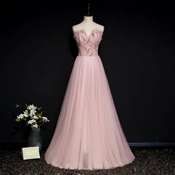 Chic Beautiful Blushing Pink Evening Dresses 2020 A Line Princess Sweetheart Sleeveless Beading Glitter Tulle Floor Length Long Ruffle Backless Formal Dresses