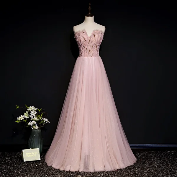 Fine Rødmende Rosa Selskapskjoler 2020 Prinsesse Kjæreste Uten Ermer Beading Glitter Tyll Lange Buste Ryggløse Formelle Kjoler