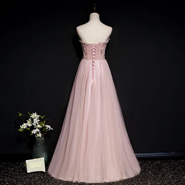 Fine Rødmende Rosa Selskapskjoler 2020 Prinsesse Kjæreste Uten Ermer Beading Glitter Tyll Lange Buste Ryggløse Formelle Kjoler