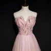 Chic / Beautiful Blushing Pink Evening Dresses  2020 A-Line / Princess Sweetheart Sleeveless Beading Glitter Tulle Floor-Length / Long Ruffle Backless Formal Dresses