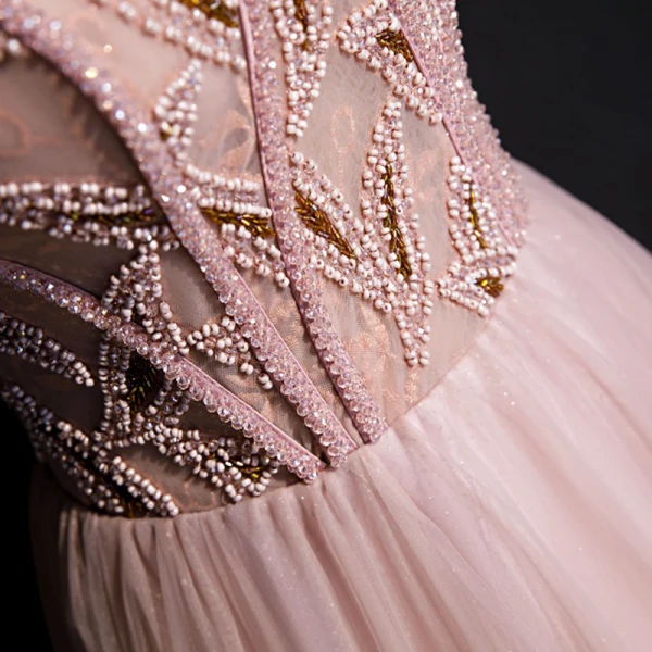 Fine Rødmende Rosa Selskapskjoler 2020 Prinsesse Kjæreste Uten Ermer Beading Glitter Tyll Lange Buste Ryggløse Formelle Kjoler