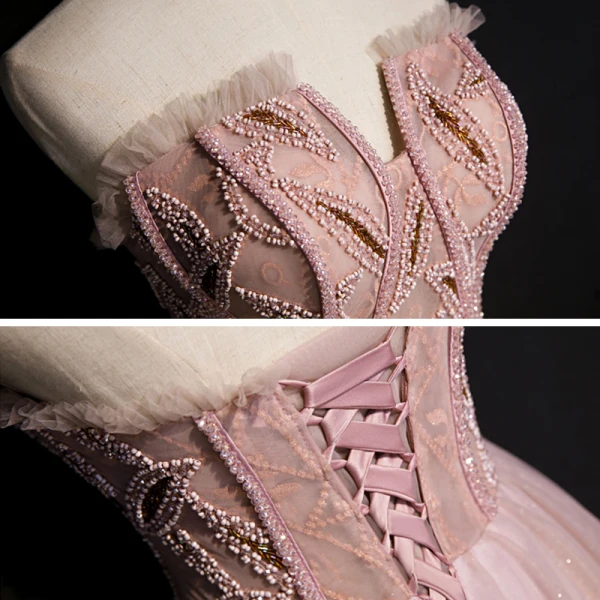 Fine Rødmende Rosa Selskapskjoler 2020 Prinsesse Kjæreste Uten Ermer Beading Glitter Tyll Lange Buste Ryggløse Formelle Kjoler
