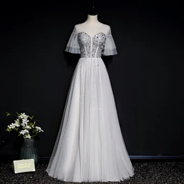 Chic Beautiful Grey See Through Evening Dresses 2020 A Line Princess Scoop Neck Bell Sleeves Sequins Beading Floor Length Long Ruffle Backless Formal Dresses
