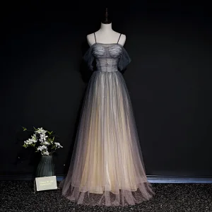 Illusion Grey Gradient Color Blushing Pink See Through Evening Dresses 2020 A Line Princess Spaghetti Straps Short Sleeve Sequins Beading Glitter Tulle Floor Length Long Ruffle Backless Formal Dresses