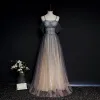Illusion Grey Gradient-Color Blushing Pink See-through Evening Dresses  2020 A-Line / Princess Spaghetti Straps Short Sleeve Sequins Beading Glitter Tulle Floor-Length / Long Ruffle Backless Formal Dresses