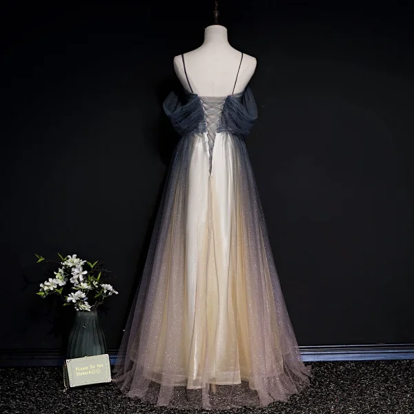 Illusion Gris Dégradé De Couleur Rougissant Rose Transparentes Robe De Soirée 2020 Princesse Bretelles Spaghetti Manches Courtes Paillettes Perlage Glitter Tulle Longue Volants Dos Nu Robe De Ceremonie