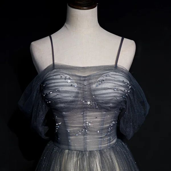 Illusion Gris Dégradé De Couleur Rougissant Rose Transparentes Robe De Soirée 2020 Princesse Bretelles Spaghetti Manches Courtes Paillettes Perlage Glitter Tulle Longue Volants Dos Nu Robe De Ceremonie