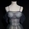 Illusion Grey Gradient-Color Blushing Pink See-through Evening Dresses  2020 A-Line / Princess Spaghetti Straps Short Sleeve Sequins Beading Glitter Tulle Floor-Length / Long Ruffle Backless Formal Dresses