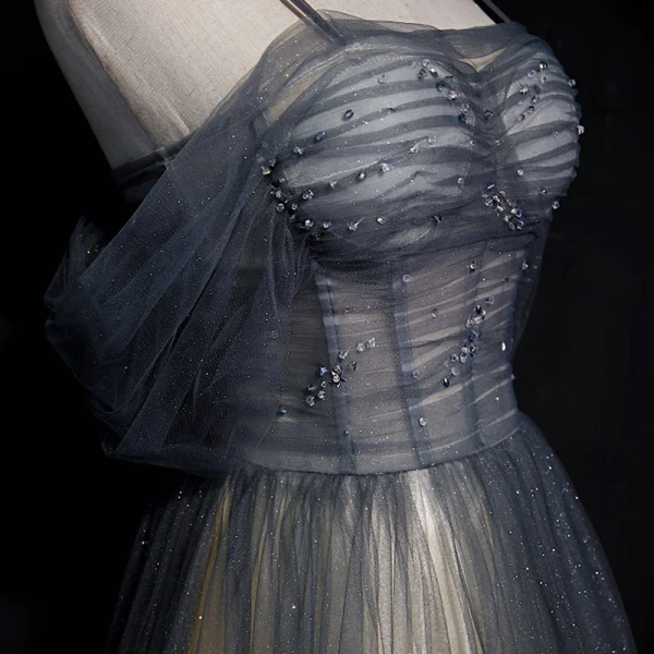 Illusion Gris Dégradé De Couleur Rougissant Rose Transparentes Robe De Soirée 2020 Princesse Bretelles Spaghetti Manches Courtes Paillettes Perlage Glitter Tulle Longue Volants Dos Nu Robe De Ceremonie