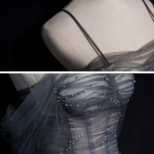 Illusion Gris Dégradé De Couleur Rougissant Rose Transparentes Robe De Soirée 2020 Princesse Bretelles Spaghetti Manches Courtes Paillettes Perlage Glitter Tulle Longue Volants Dos Nu Robe De Ceremonie