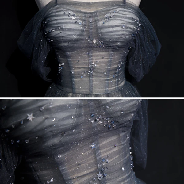 Illusion Gris Dégradé De Couleur Rougissant Rose Transparentes Robe De Soirée 2020 Princesse Bretelles Spaghetti Manches Courtes Paillettes Perlage Glitter Tulle Longue Volants Dos Nu Robe De Ceremonie