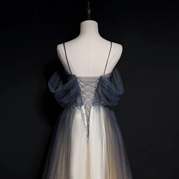 Illusion Gris Dégradé De Couleur Rougissant Rose Transparentes Robe De Soirée 2020 Princesse Bretelles Spaghetti Manches Courtes Paillettes Perlage Glitter Tulle Longue Volants Dos Nu Robe De Ceremonie