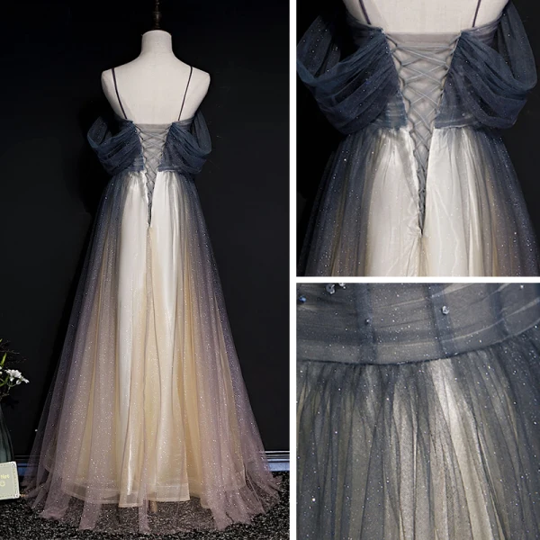 Illusion Gris Dégradé De Couleur Rougissant Rose Transparentes Robe De Soirée 2020 Princesse Bretelles Spaghetti Manches Courtes Paillettes Perlage Glitter Tulle Longue Volants Dos Nu Robe De Ceremonie