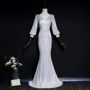 Scintillantes Gris Paillettes Robe De Soirée 2020 Trompette Sirène V Cou Gonflée Manches Longues Longue Dos Nu Robe De Ceremonie