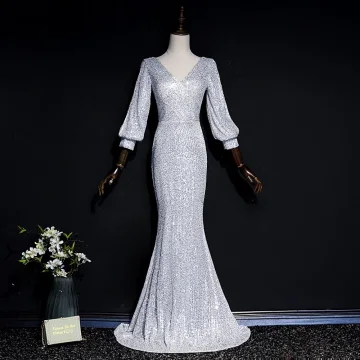 Scintillantes Gris Paillettes Robe De Soirée 2020 Trompette Sirène V Cou Gonflée Manches Longues Longue Dos Nu Robe De Ceremonie