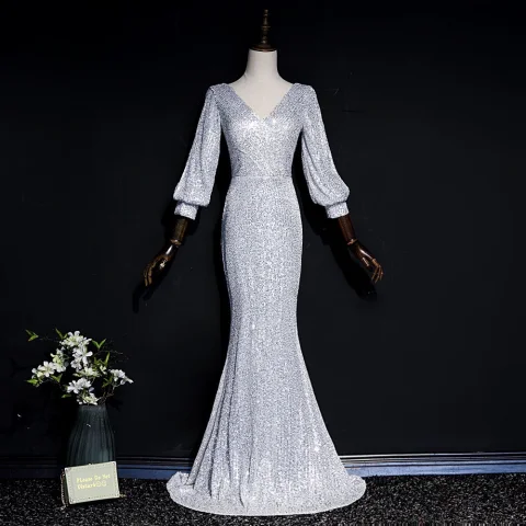 Sparkly Grey Sequins Evening Dresses  2020 Trumpet / Mermaid V-Neck Puffy Long Sleeve Floor-Length / Long Backless Formal Dresses