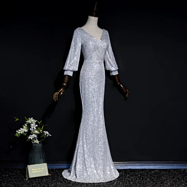 Scintillantes Gris Paillettes Robe De Soirée 2020 Trompette / Sirène V-Cou Gonflée Manches Longues Longue Dos Nu Robe De Ceremonie