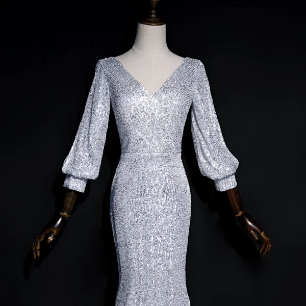 Scintillantes Gris Paillettes Robe De Soirée 2020 Trompette / Sirène V-Cou Gonflée Manches Longues Longue Dos Nu Robe De Ceremonie