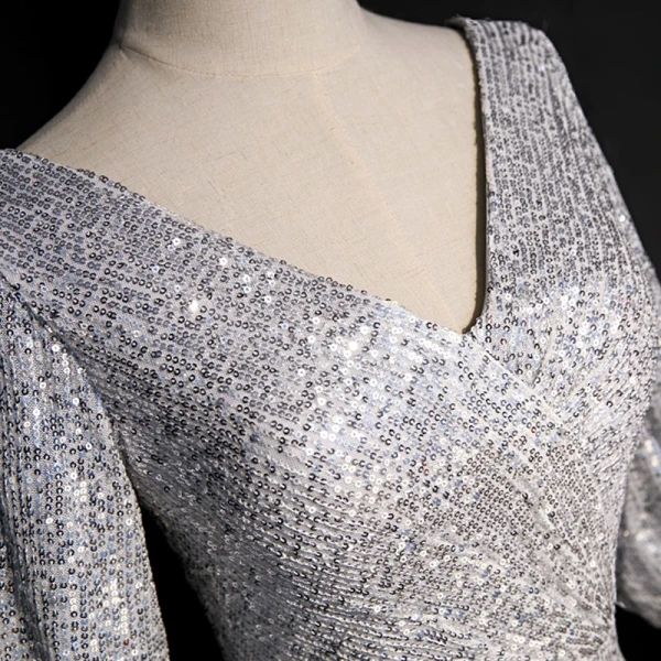 Scintillantes Gris Paillettes Robe De Soirée 2020 Trompette / Sirène V-Cou Gonflée Manches Longues Longue Dos Nu Robe De Ceremonie