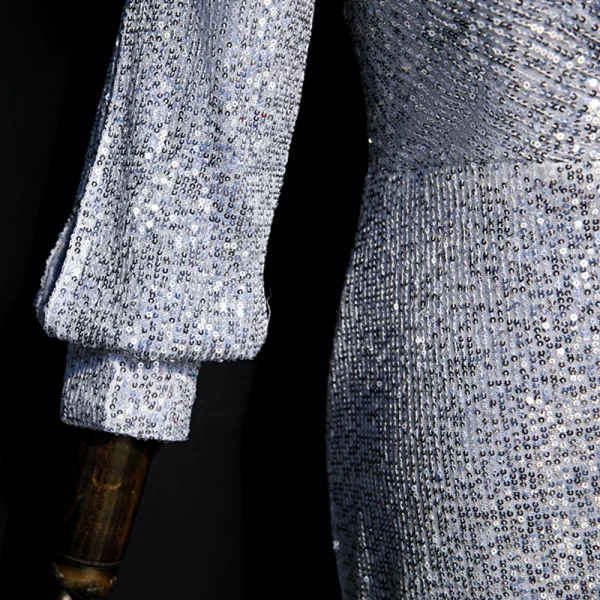 Scintillantes Gris Paillettes Robe De Soirée 2020 Trompette / Sirène V-Cou Gonflée Manches Longues Longue Dos Nu Robe De Ceremonie