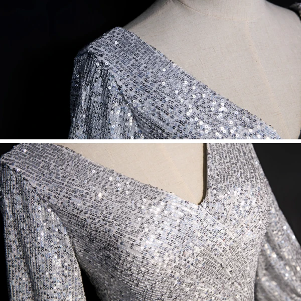 Scintillantes Gris Paillettes Robe De Soirée 2020 Trompette / Sirène V-Cou Gonflée Manches Longues Longue Dos Nu Robe De Ceremonie