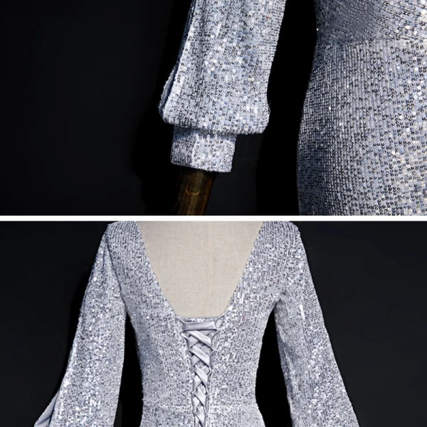 Scintillantes Gris Paillettes Robe De Soirée 2020 Trompette / Sirène V-Cou Gonflée Manches Longues Longue Dos Nu Robe De Ceremonie