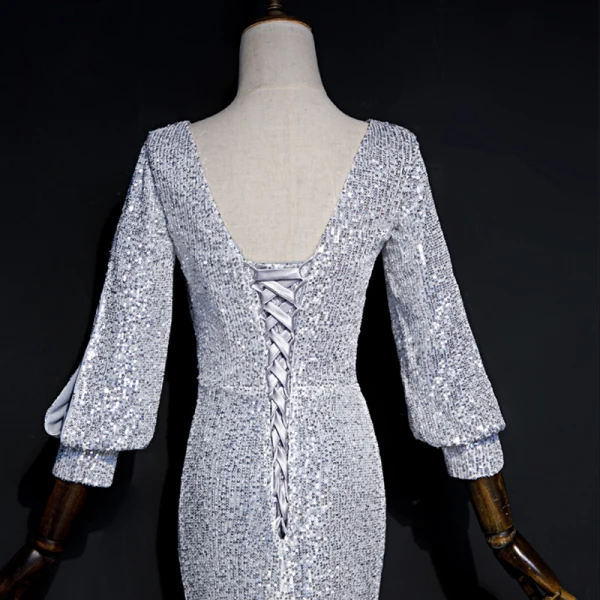 Scintillantes Gris Paillettes Robe De Soirée 2020 Trompette / Sirène V-Cou Gonflée Manches Longues Longue Dos Nu Robe De Ceremonie